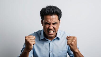 Fototapeta premium A frustrated man expressing anger with clenched fists in a plain background during a tense moment