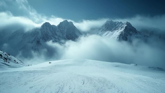 Snowy mountain peaks above clouds for aerial content. Majestic heights vista. Visual material for alpine projects