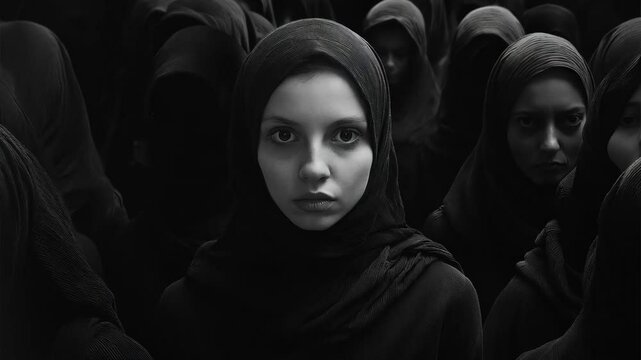 Women in black veils with dramatic gazes for gothic content. Dark sisterhood scene. Visual material for mystery projects
