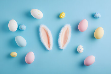 Easter party concept. Top view photo of easter bunny ears white pink blue and yellow eggs on isolated pastel blue background with copyspace in the middle