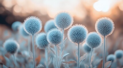 Obraz premium Soft Blue Globe Flowers in Sunset Meadow