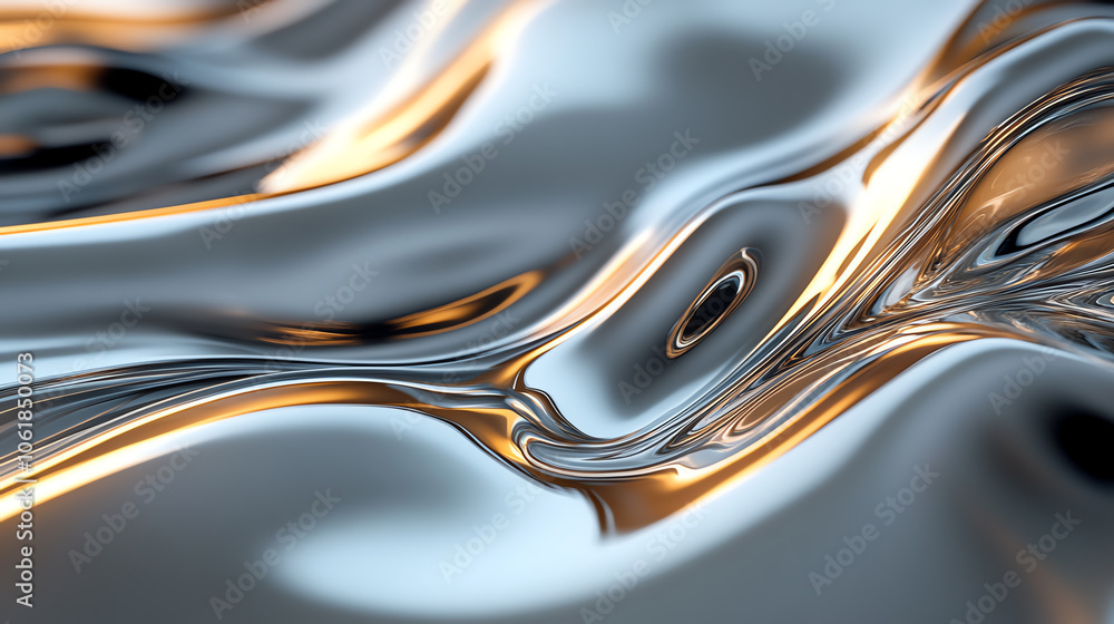 Poster abstract metallic liquid surface with smooth waves and reflective light patterns.