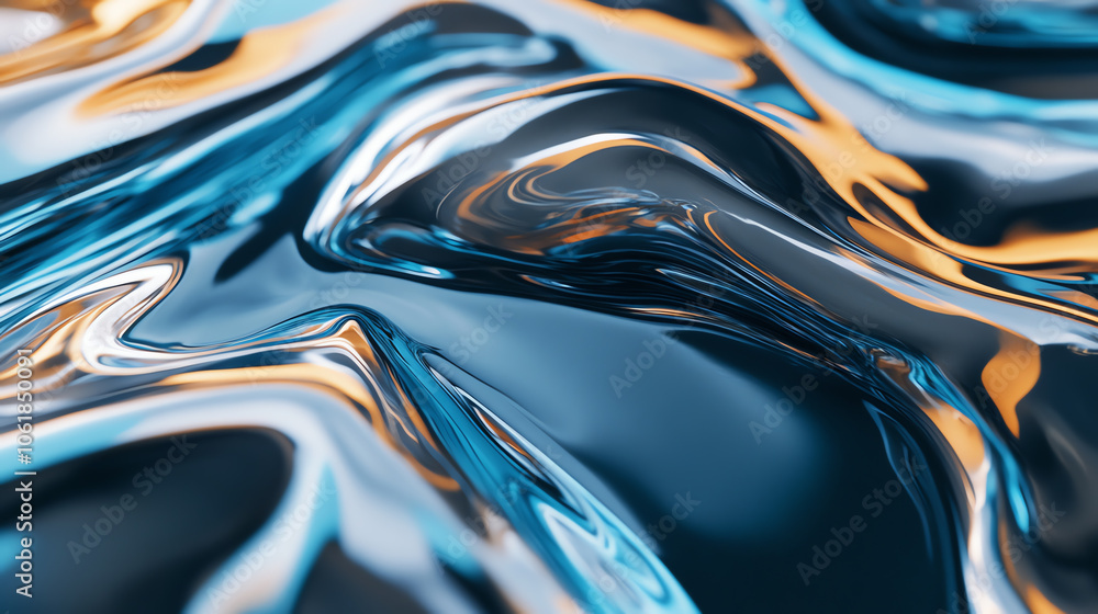 Poster abstract liquid background with flowing blue and gold waves, creating a dynamic and smooth texture.