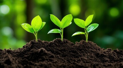 Naklejka premium Three Young Saplings Growing in Soil