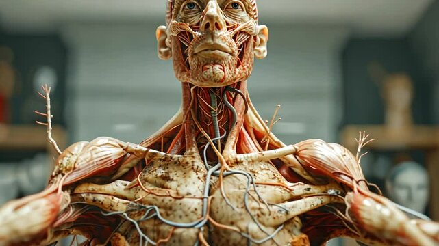 A lifelike anatomical model showcases intricate details of human muscles, veins, and nerves in a well-lit laboratory, emphasizing educational purposes