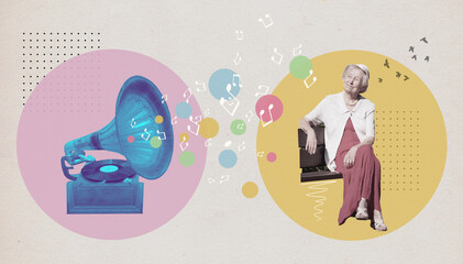 Art collage or design - elderly woman sitting and listening to music © Solarisys