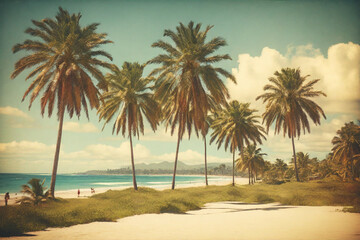 Retro Tropical Ocean Beach with Palm Trees and Sandy Coastline – Vintage Film Flare Look.