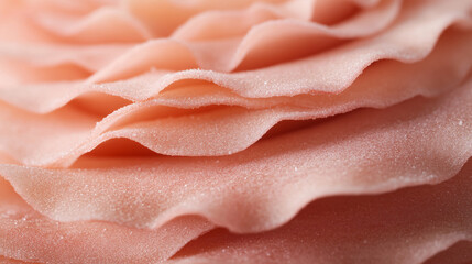 Fototapeta premium A detailed macro image focusing on the layered, textured petals of a rose. The petal edges appear slightly rough, each one overlapping the next in a spiral pattern. Soft lighting brings out the