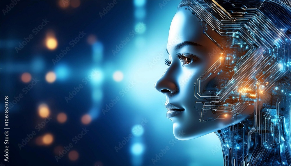Poster artificial intelligence robot with circuitry, symbolizing technology, innovation, and future.