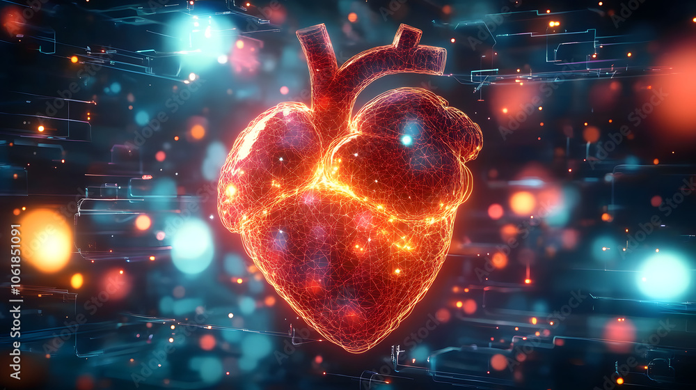Poster glowing digital representation of human heart surrounded by abstract bokeh lights and circuit patter