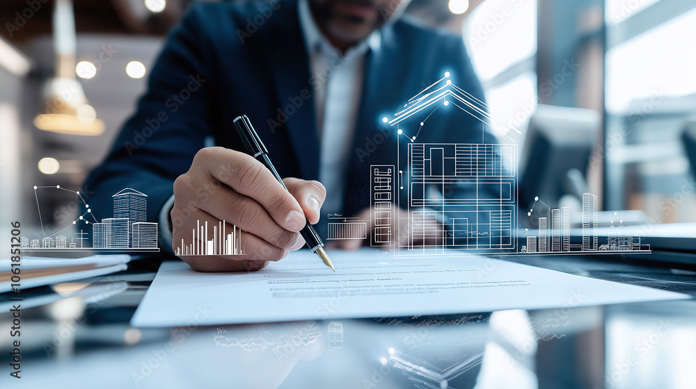 Poster secure professional workspace showcasing person signing documents with architectural designs and gra