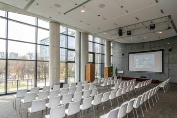 Fototapeta premium Modern Seminar Room for Business Events with Large White Chairs, Big Screen, Grey Walls, and Spacious Windows - Perfect for Corporate Meetings and Conferences