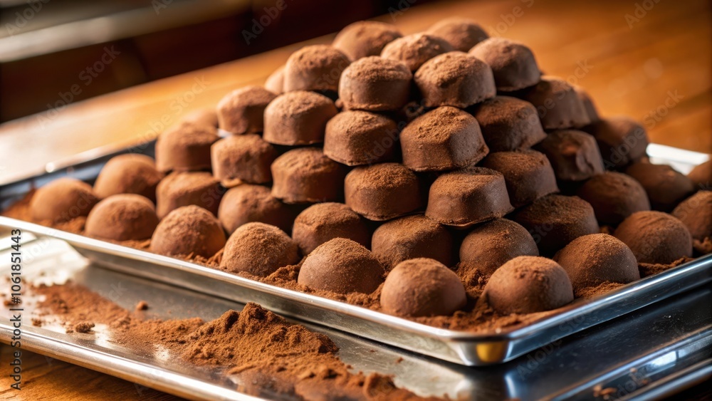 Poster a pyramid of decadent chocolate truffles dusted with cocoa powder, resting on a metallic tray, ready