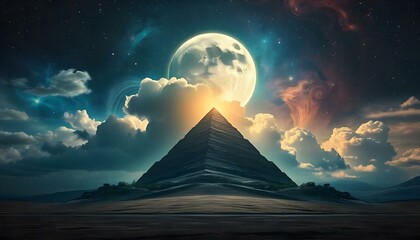 A surreal landscape with a pyramid-shaped structure in the foreground, leading up to a starry night sky with a large moon. The background features a colorful, cosmic atmosphere with swirling clouds.