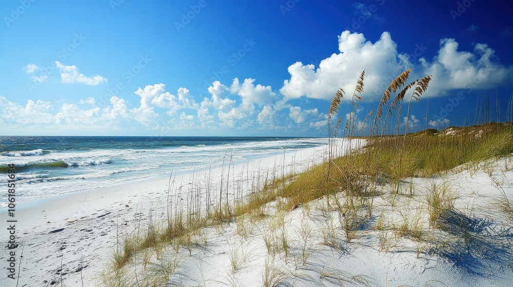 Poster stunning view of pristine beaches with soft white sand and gentle waves on a sunny day