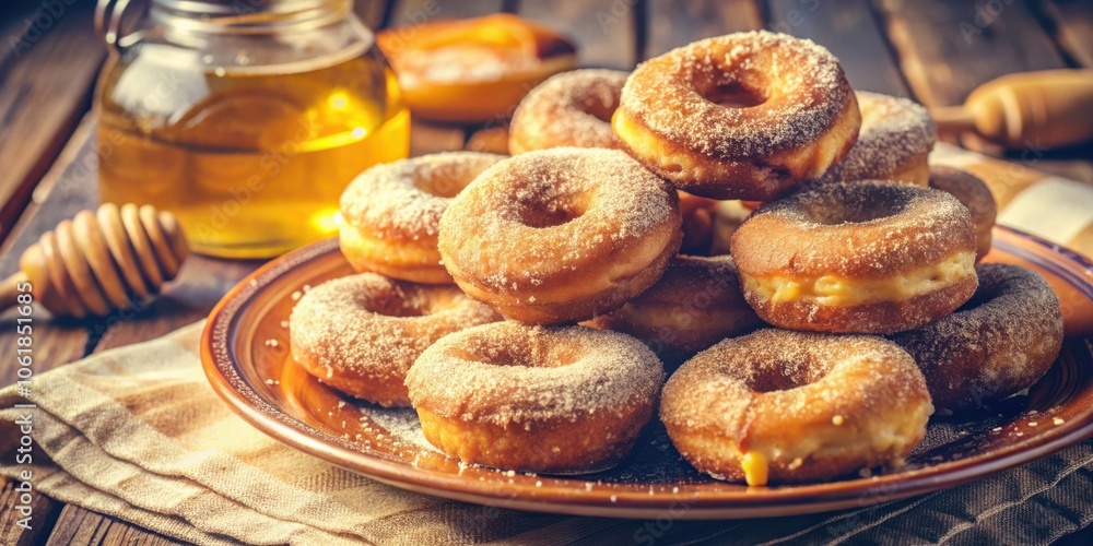 Poster a plate of freshly made donuts dusted with powdered sugar and arranged alongside a jar of honey and 