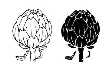 Line sketch, stamp, artichoke vegetable silhouette. Vector graphics.
