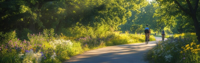Fototapeta premium Bikers enjoy a serene ride along the scenic Katy Trail surrounded by lush greenery and vibrant wildflowers in the golden light of late afternoon