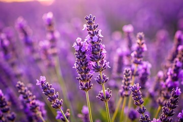 Obraz premium Aromatic purple lavender buds on the stem of a mature lavender plant in a field, stems, wildflowers, buds