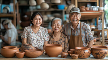 Artisans showcase traditional Thai ceramic pottery with intricate designs in a local workshop setting
