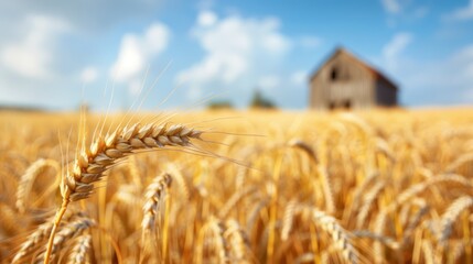 Obraz premium A golden wheat field with a rustic barn in the background under a bright blue sky and scattered clouds.