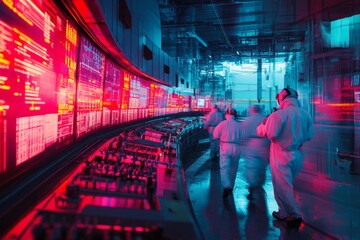 Futuristic laboratory with scientists working on advanced technology. Bright colored lights fill the space. Focus on innovation and teamwork in a dynamic environment. Generative AI