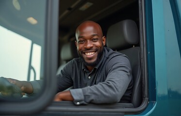 A cheerful Black professional driver stepping out of his truck with a big smile, looking directly at the camera