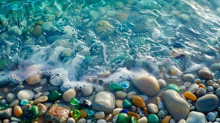 Vibrant close up of shimmering sea glass among colorful pebbles on a serene summer beach