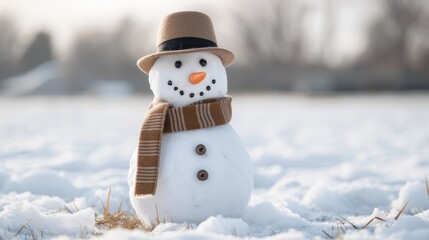 A cheerful snowman with a hat, scarf, and carrot nose stands in a snowy landscape, embodying winter's charm.