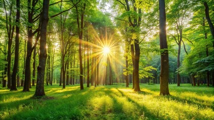 Obraz premium A serene forest glade with tall trees and a bright sun shining through the leaves, forest, greenery, foliage, dappled light, shade