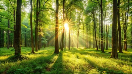 Fototapeta premium A serene forest glade with tall trees and a bright sun shining through the leaves, foliage, shade