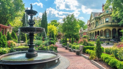 Obraz premium A serene fountain beside charming historic homes in a lively garden setting during a sunny afternoon
