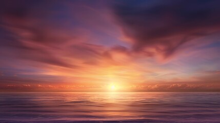 A breathtaking sunset over calm ocean waters, with vibrant hues of orange, pink, and purple reflecting in the sky and water.