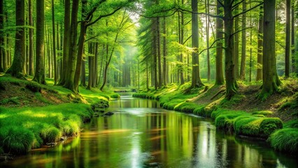 Fototapeta premium A serene green forest with tall trees and a meandering stream flowing through it, calming atmosphere, trees, outdoors, green forest, wilderness