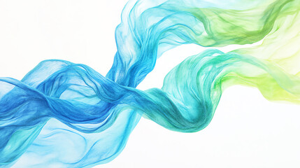Colorful flowing fabric in shades of blue and green on a white isolate background.