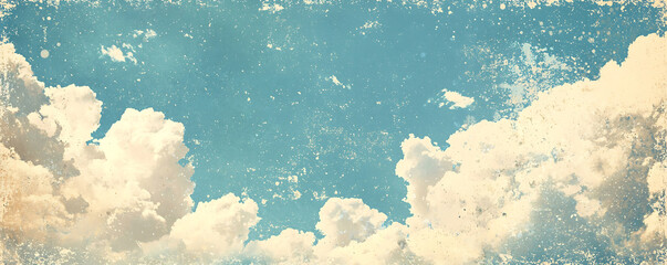 A beautifully illustrated sky with soft beige clouds floating against a light blue backdrop, creating a vintage, textured feel that evokes nostalgia and calmness in a peaceful, open atmosphere.