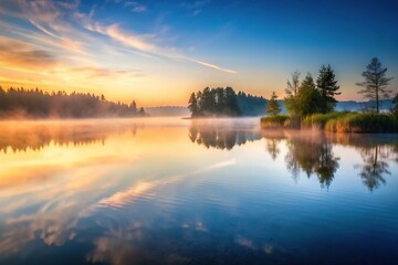 A serene lake at dawn with misty fog slowly rising from the water surface, creating a peaceful atmosphere, gentle ripples, mist, serene water, stillness, sunrise