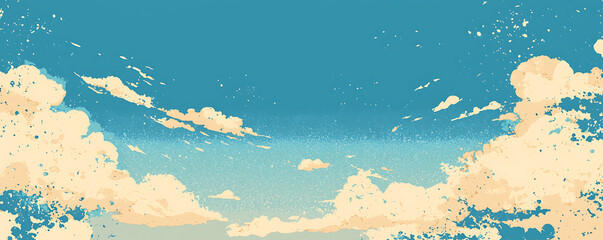A beautifully illustrated sky with soft beige clouds floating against a light blue backdrop, creating a vintage, textured feel that evokes nostalgia and calmness in a peaceful, open atmosphere.