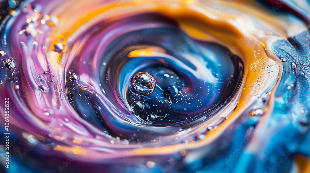 Poster colorful swirl of vibrant paint and bubbles on a smooth surface, creating an abstract and mesmerizin