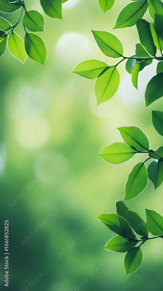 Aufkleber sunlight shining through fresh green leaves framing a blurred background with copy space