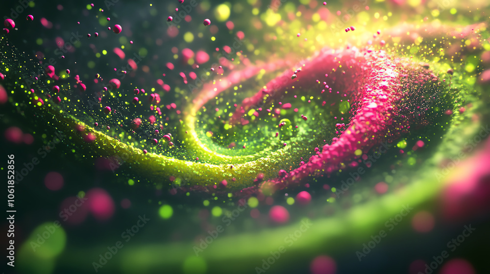 Poster colorful swirling particles create a mesmerizing abstract pattern on a dark background.