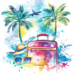 Fototapeta premium Colorful travel illustration featuring a suitcase, sunglasses, hat, and palm trees against a vibrant background.