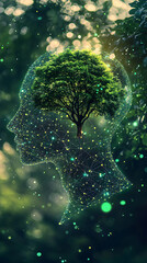 Fototapeta premium Human head silhouette with a tree growing inside and network connection points representing the concept of ecology and green technology