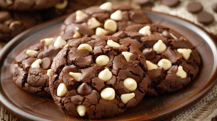 Plate of chocolate chip cookies with white chocolate chips. The cookies are piled on top of each other