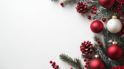 Holiday border with red baubles and pine branches on white