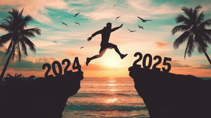 Mid-Jump Transition from 2024 to 2025 with Scenic Background
