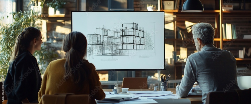 Poster a team of architects is looking at a blueprint of a house design.
