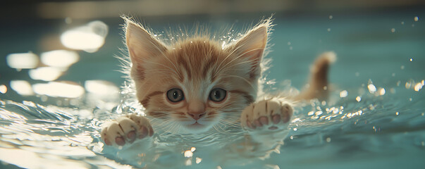 Kitten Floating in Pool, Playful and Curious