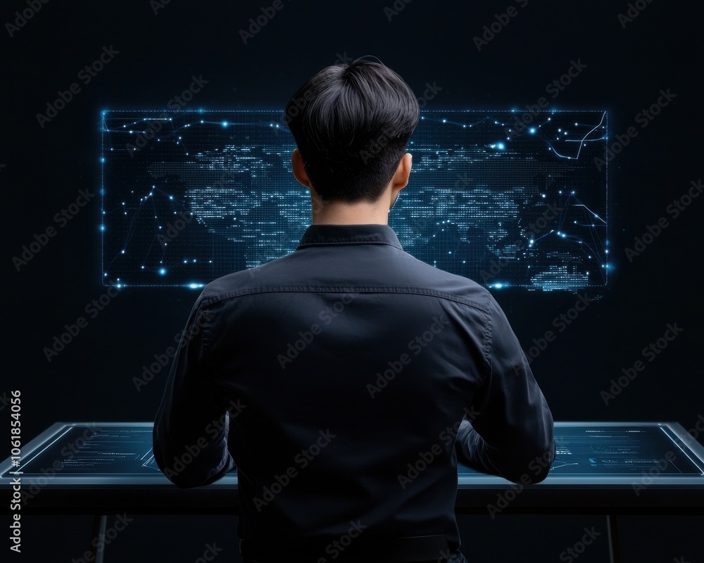 Poster a person interacts with a futuristic digital interface, surrounded by glowing data displays, suggest
