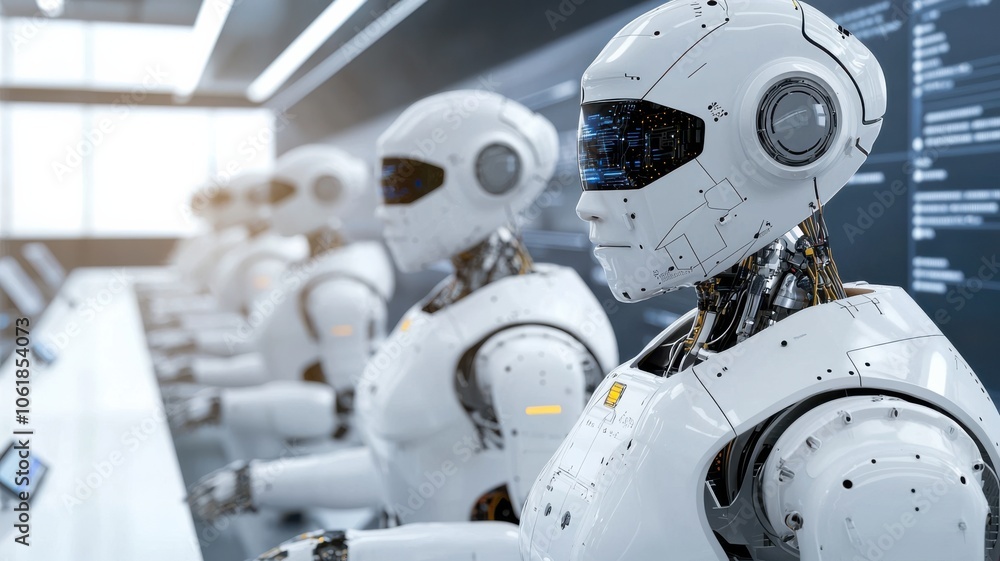 Aufkleber a line of humanoid robots with sleek designs and detailed features, set against a high-tech backgrou
